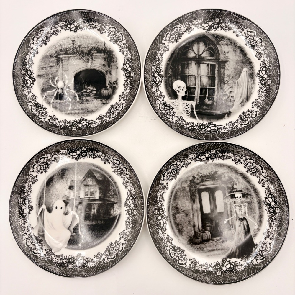 Eaton Fine Dining Spooky House Halloween Plates Set 4 Gothic Ghost Skeleton 8"